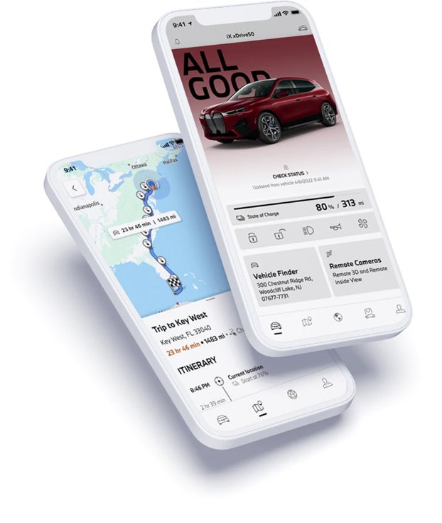 Two phone screens showing the use of the MyBMW App