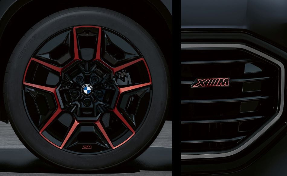 Detailed images of exclusive 22” M Wheels with red accents and XM badging on Illuminated Kidney Grille. in Open Road BMW of Edison | Edison NJ