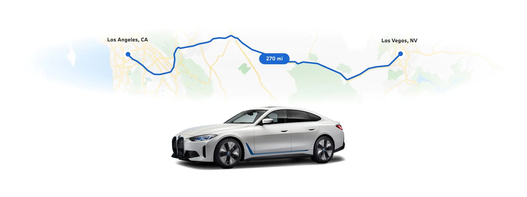 BMW i4 electric vehicle in front of a map with two destinations highlighted to indicate the range capabilities | Open Road BMW of Edison in Edison NJ